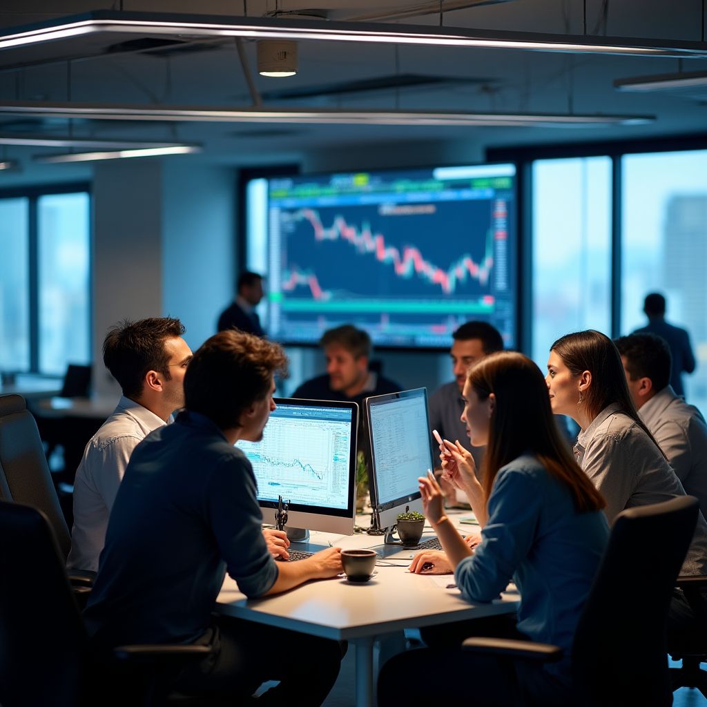 Equipo de MercadoAR en oficina moderna con pantallas de trading